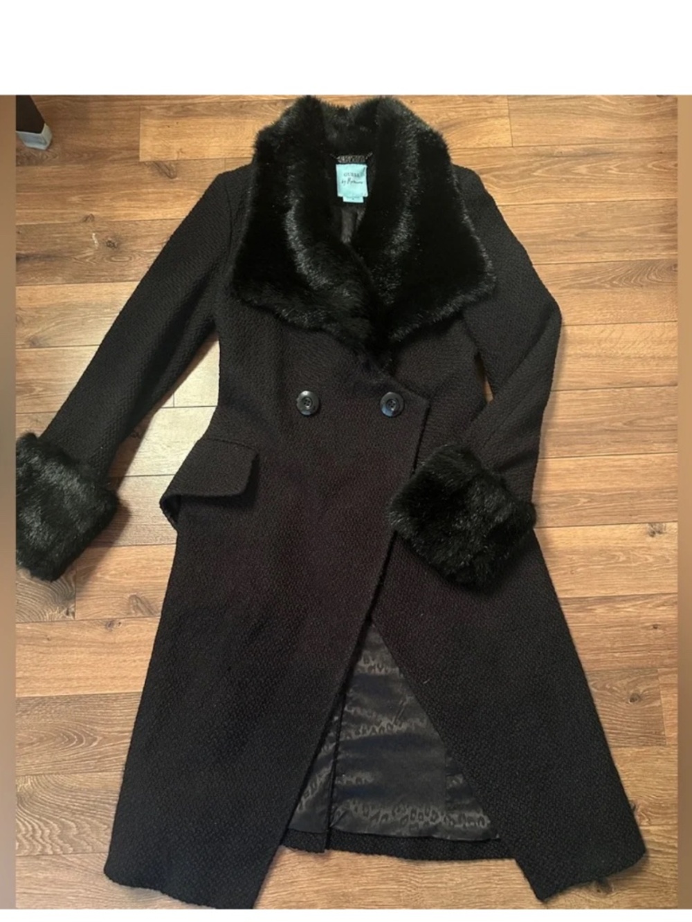 Marciano Wool black coat with faux fur trim. small